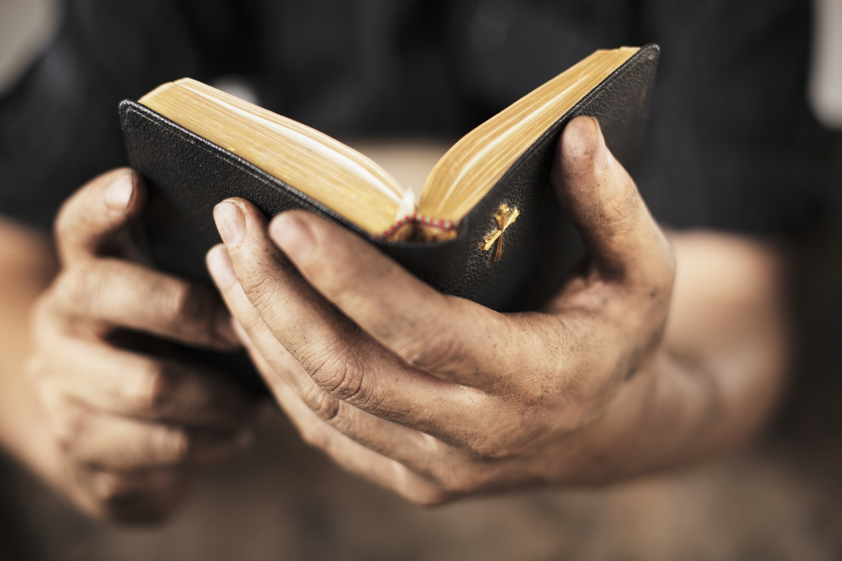 Hands holding open Bible